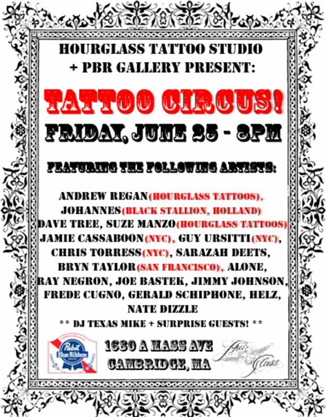 Must be 21 years of age or older to attend. Hourglass Tattoo Studio + PBR 